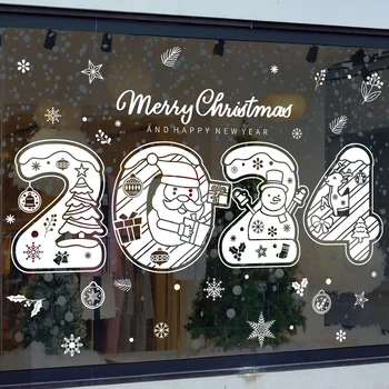 2024 Наклейки на окна с Рождеством, Санта-Клаус, Снежинка, Лось, Наклейка на Рождественскую елку, Рождественские украшения для дома, С Новым Годом