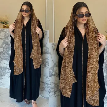2024 Новое исламское платье Абая Модный кардиган Леопардовый Шифоновый халат в цвет блока Femme Musulmane с повязкой на Голову для арабов Ближнего Востока