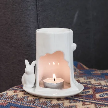 2024 Финансовый год, белый керамический подсвечник для подогрева свечей, домашняя Ароматическая горелка для благовоний с эфирным маслом и милым кроликом, дополнительный поднос для свечей