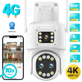4G SIM-карта IP-камера 4K HD 10-Кратный Зум С Тремя Объективами И Двойным Экраном WIFI PTZ-Камера 2K Автоматическое Отслеживание CCTV P2P Видеонаблюдение Camhi