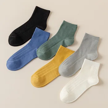 6 Цветных мужских носков Из мягкого хлопка Повседневные дышащие Спортивные Носки Мужские Деловые Мужские Высокоэластичные Длинные Носки Sox Черный Белый Серый Синий