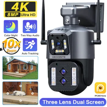 8-Мегапиксельная IP-камера с аудиосистемой 4K, уличная Wi-Fi PTZ, многообъективный двойной экран, 10-кратный оптический зум, автоматическое отслеживание, водонепроницаемая камера видеонаблюдения