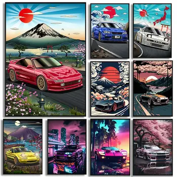 80-е Vaporwave Ретро JDM GTR Японский автомобильный плакат Холст настенные рисунки Аниме Спортивный автомобиль Идеально подходит для домашнего декора комнаты и подарков
