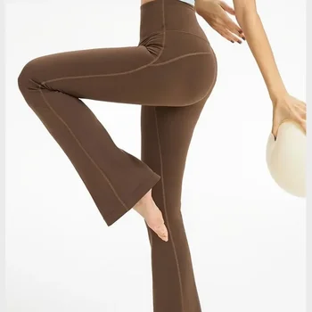 Lulu Lady Yoga Sports and Leisure Расклешенные брюки с высокой Талией, Бесплатная доставка, Акция, Ткань из Лайкры С Оригинальным логотипом