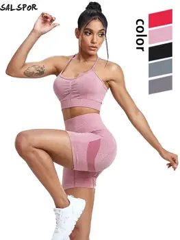 SALSPOR 2ШТ Набор для йоги для женщин, бесшовный спортивный костюм, спортивный костюм для занятий в тренажерном зале, бюстгальтер для фитнеса с велосипедными шортами, Тонкая спортивная одежда