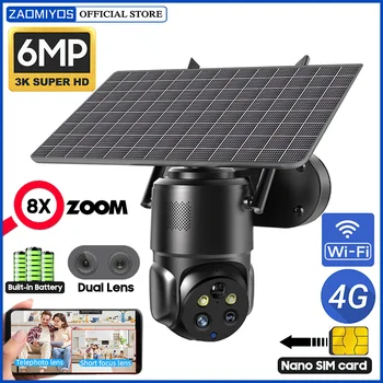 ZAOMIYOS 6MP 3K 4G SIM Солнечная Камера С Автоматическим Отслеживанием Наружного WiFi PTZ Наблюдения С Двумя Объективами 8-Кратный Зум Водонепроницаемая Камера Видеонаблюдения
