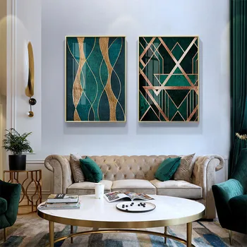 Абстрактная золотая линия, зеленая геометрическая настенная живопись, живопись на холсте, современный декор для гостиной, плакаты на скандинавскую тему и принты
