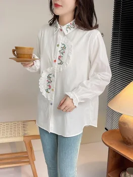 Белая блузка с длинным рукавом, женская французская блузка, рубашки с вышивкой краткого дизайна, топы из 100% хлопка, молодежная женская блузка