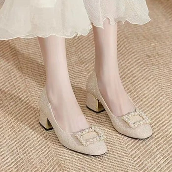 Весенние женские туфли на высоком каблуке с кристаллами, роскошные туфли с квадратным носком, новинка 2024 года, дизайнерские туфли-лодочки, модная женская обувь для вечеринок