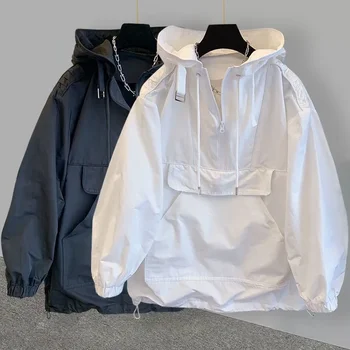Винтажная Черная куртка-ветровка, Женские толстовки, Корейская модная технологичная уличная одежда, Анорак в стиле Харадзюку Оверсайз
