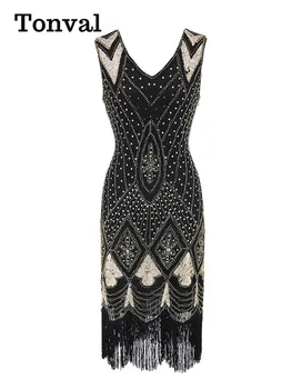 Винтажное платье-хлопушка Tonval 1920-х годов, расшитое блестками, Женское Элегантное Роскошное платье для выпускного вечера с бахромой на подоле