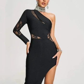 Высококачественное женское черное кружевное платье в стиле пэчворк с одним плечом, сексуальное облегающее бандажное платье с разрезом на плечах, вечернее платье для вечеринки
