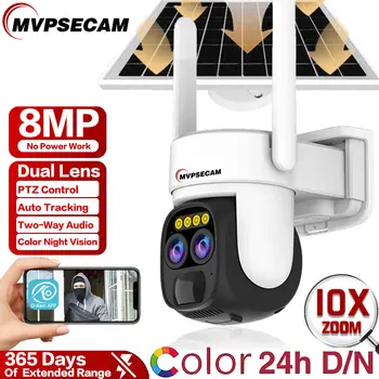 Двойная Линзовая WIFI Солнечная Камера 4K 8MP На Открытом воздухе С 10-кратным Оптическим Зумом, Двусторонний Цветной Звук, Ночное Видение, Встроенная Батарея, PTZ-Камера Безопасности