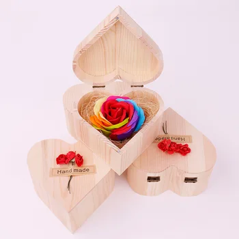 Деревянная коробка в форме сердца, имитирующая цветок мыла, красочная роза, маленькая деревянная коробка, бессмертный цветок, подарок, акция, подарок, подарок в наличии