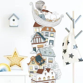 Дом на лодке девушка кролик мультфильм наклейки на стены девушки спальня детские наклейки для стен декоративные наклейки для мебели, роспись стены