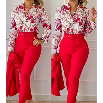 Женская рубашка и брюки, элегантный модный комплект из двух предметов с V-образным вырезом и цветочным принтом, с длинным рукавом и высокой талией, офисные женские повседневные брючные костюмы