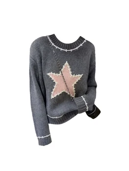 Женский серый пуловер, Вязаный свитер со звездами, Harajuku, Корейская мода Y2k 90-х, Эстетичный Винтажный свитер с длинным рукавом, Одежда в стиле Эмо 2000-х,