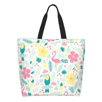 Изготовленные на заказ холщовые сумки для покупок с фламинго и листьями, женские многоразовые сумки для покупок большой емкости с тропическим рисунком