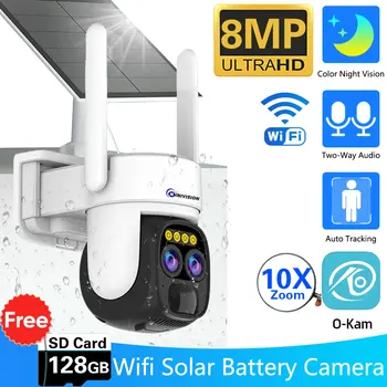 Камера на Солнечной панели с двумя Объективами 4K 8MP, WIFI, Наружный 10-КРАТНЫЙ PTZ-Зум, Автоматическое Отслеживание Звука, Встроенные Камеры Безопасности с Батарейным питанием