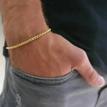 классический мужской браслет-цепочка из золотой пшеницы толщиной 3 мм, мужские ювелирные изделия, подарок Бойфренду, простые Крутые браслеты с тонкими звеньями для мужчин, Нержавеющая сталь