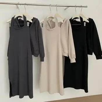 Комплект женского платья-толстовки из 2 предметов, однотонное свободное платье на бретелях без рукавов с V-образным вырезом, топ с длинным рукавом, теплый женский комплект одежды