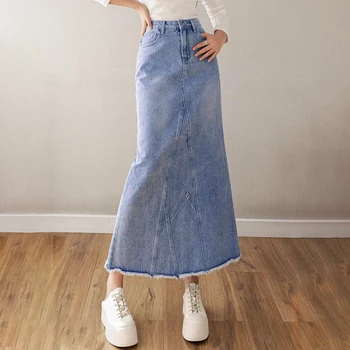 Модные джинсовые юбки макси с разрезом и меховой подкладкой для девочек, женская одежда Kawaii, женская летняя повседневная сексуальная длинная юбка