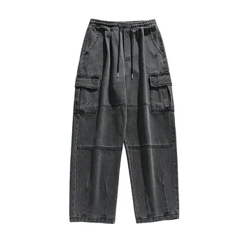 Мужские джинсы, широкие свободные прямые джинсовые брюки, модная уличная одежда, эластичный пояс, карман на шнурке, джинсовые панталоны в стиле пэчворк