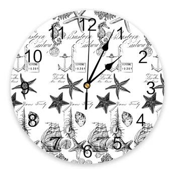 Настенные часы Black Ocean Starfish, морская раковина, коралловая лодка, Бесшумный домашний декор для кафе, офиса, часы для кухонного искусства, большие настенные часы