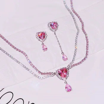 Обледеневшее ожерелье с подвеской в виде сердца, серьги для женщин, Роскошный Эстетичный Корейский Модный Набор свадебных украшений с розовым цирконием, подарки KA087