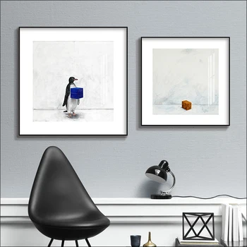 Плакат с милым мультяшным пингвином, Детская комната, Прикроватная тумбочка для спальни, Геометрическая живопись на холсте, Мультяшная гостиная Ру