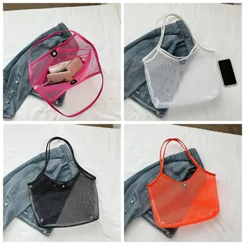 Пляжная сумка из сетчатой ткани ярких цветов, складная прозрачная сумка через плечо большой емкости, легкая сумка для мамы, ажурная пляжная сумочка