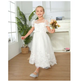 Простые кружевные платья с короткими рукавами для девочек в цветочек на свадьбу, день рождения, Первое причастие, выпускной вечер, празднование