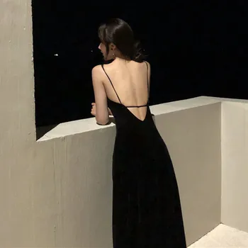 Сексуальный Черный ночной бюстгальтер на бретельках, Длинное платье с открытой спиной, глубокий V-образный вырез, клубное платье трапециевидной формы, женское элегантное винтажное вечернее платье для вечеринок