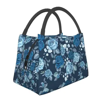 Синие розы, изолированные сумки для ланча для женщин, Герметичный ланч-бокс с цветочным узором, термоохладитель, ланч-бокс для пляжа, кемпинга и путешествий