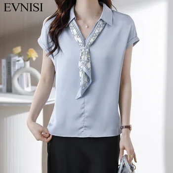 Шифоновая блузка EVNISI Scarves С коротким рукавом, Женская Повседневная офисная рубашка с полуоткрытым воротом, Лето Для женщин, Элегантная блузка 2023 г.