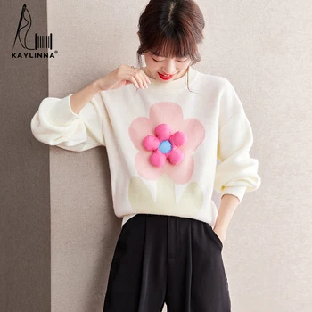 ◆ С ◆ Женский свитер с 3D-цветами Осень 2023, утолщенная свободная трикотажная рубашка, уменьшающая возраст, топ